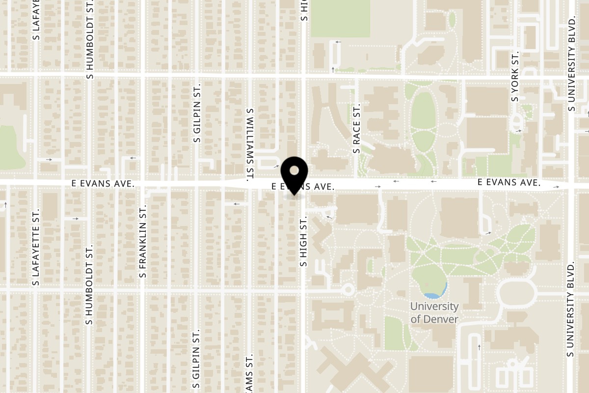 Map showing the location of Jerusalem Restaurant on 1890 E Evans Ave in Denver